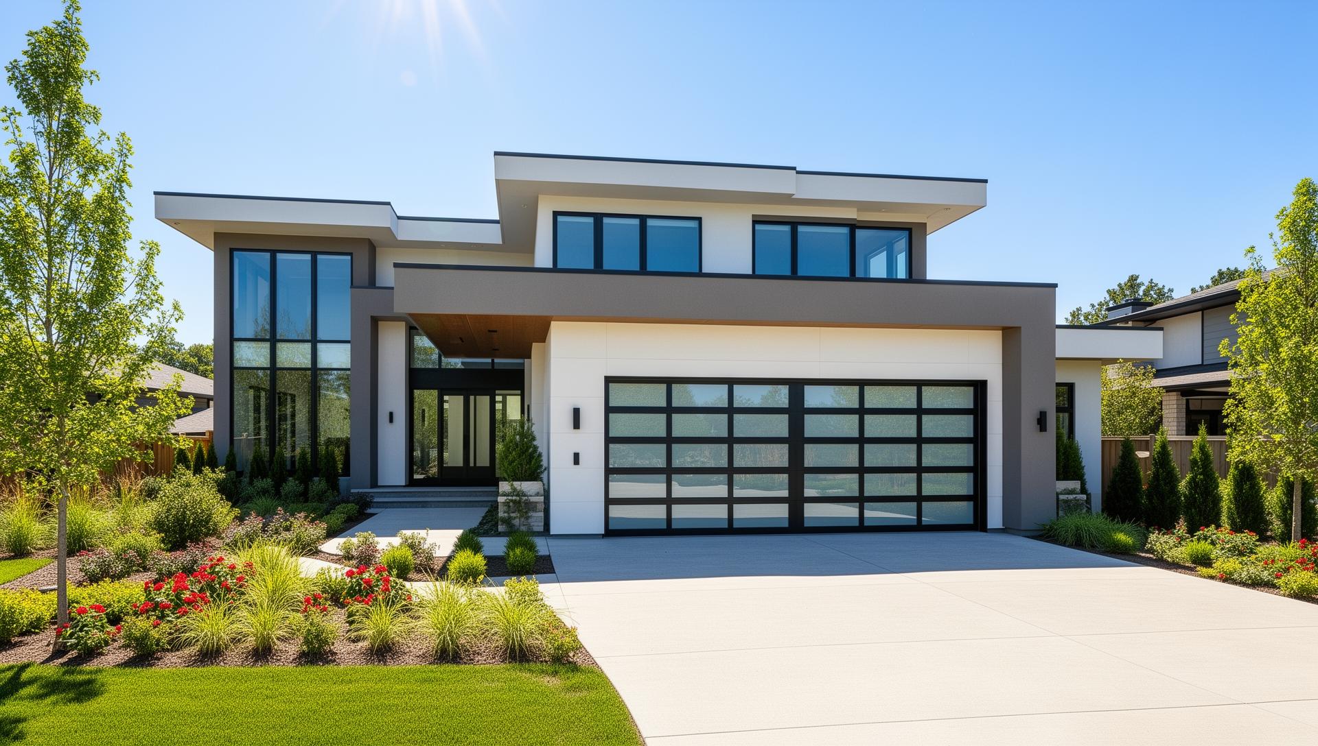 Modern contemporary home with aluminum glass panel garage doors - professional installation by Wilbur Garage Doors